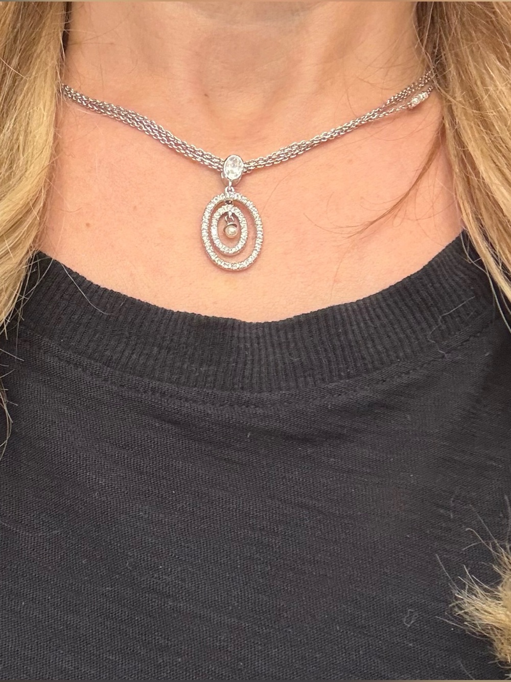 925 Sterling Silver Double Oval Crystal Pendant Necklace